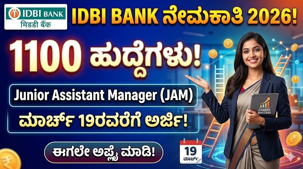 IDBI Bank Junior Assistant Manager Recruitment 2026 – 1100 JAM ಹುದ್ದೆಗಳ ಬ್ಯಾಂಕ್ ಉದ್ಯೋಗ ನೇಮಕಾತಿ ಮಾಹಿತಿ